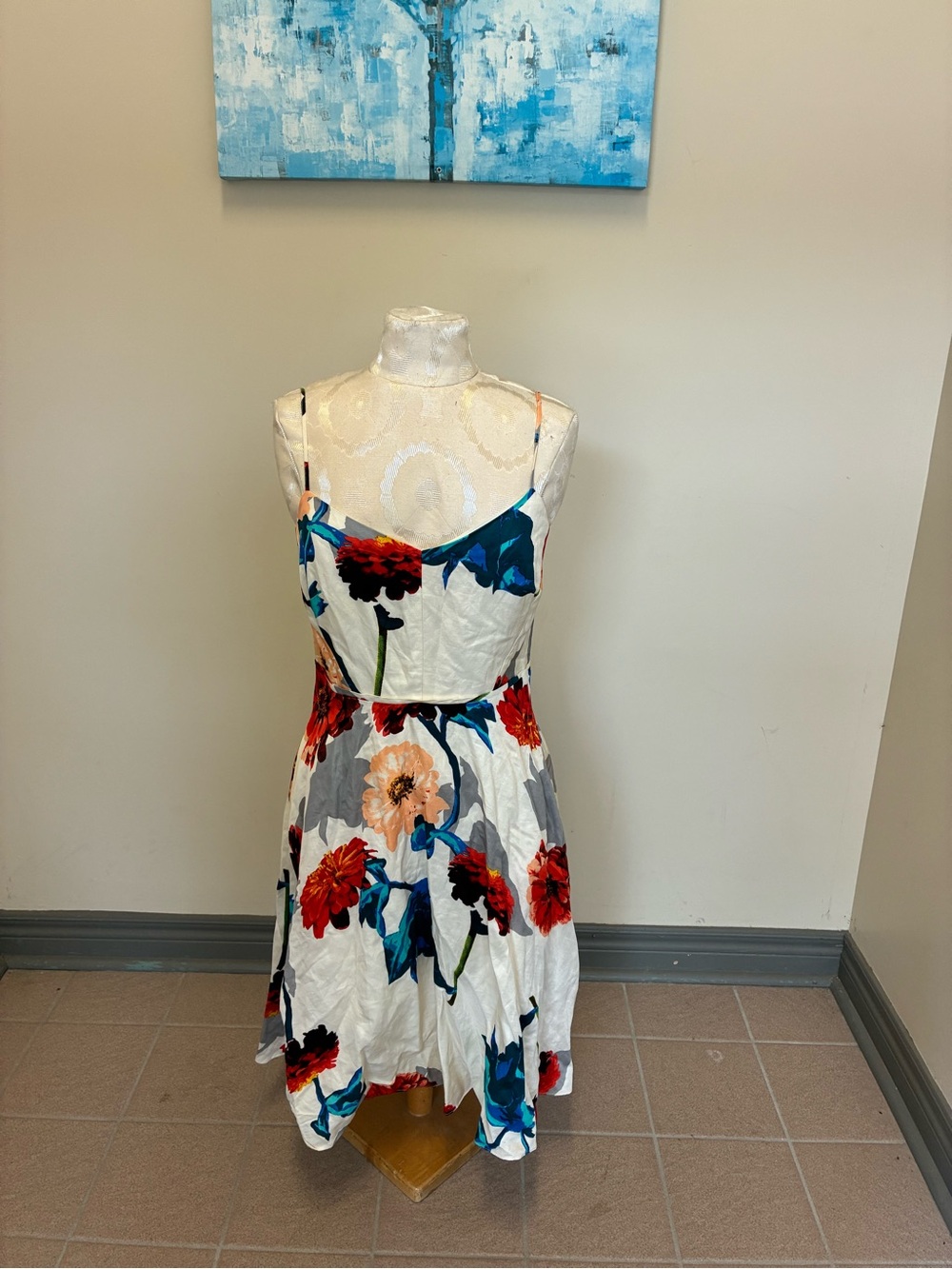 Banana Republic Cream Floral Spaghetti-Strap Mini Dress with Red and Blue Blooms